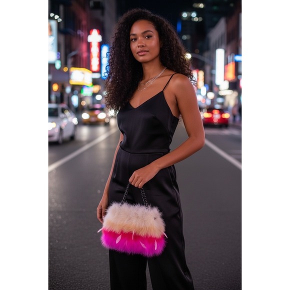 Betsey Johnson Y2K Feather Bag Pink Ombré Gunmetal Chain Glam Rock Princess - Picture 10 of 13